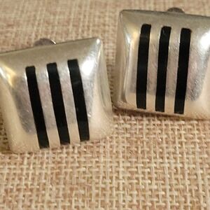 Vintage Mexico 925 Silver Black Onyx Striped Clip On Earrings 0.75" Retro